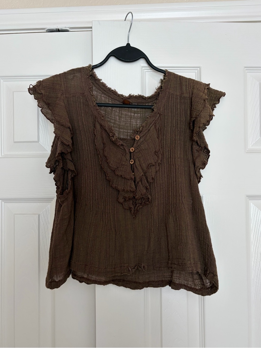 Free People FP ONE Boho Ruffle Button-Front Crinkle Top - Size XS